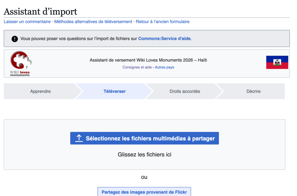 Capture d’écran Assistant d'import Wikimedia Commons - concours photo Wikimedia