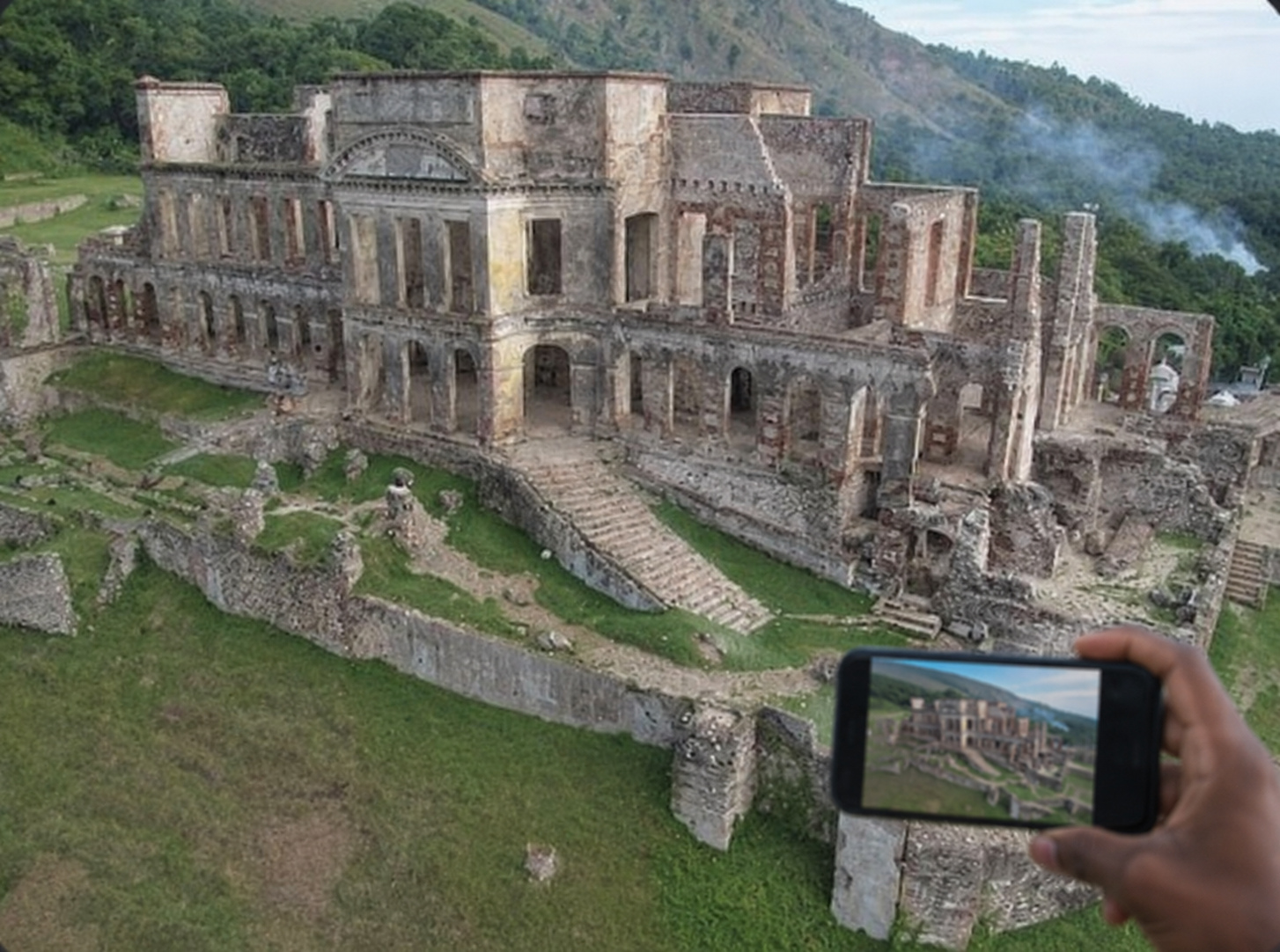 Main tenant un téléphone pour photographier le palais Sans-sousis, Haïti